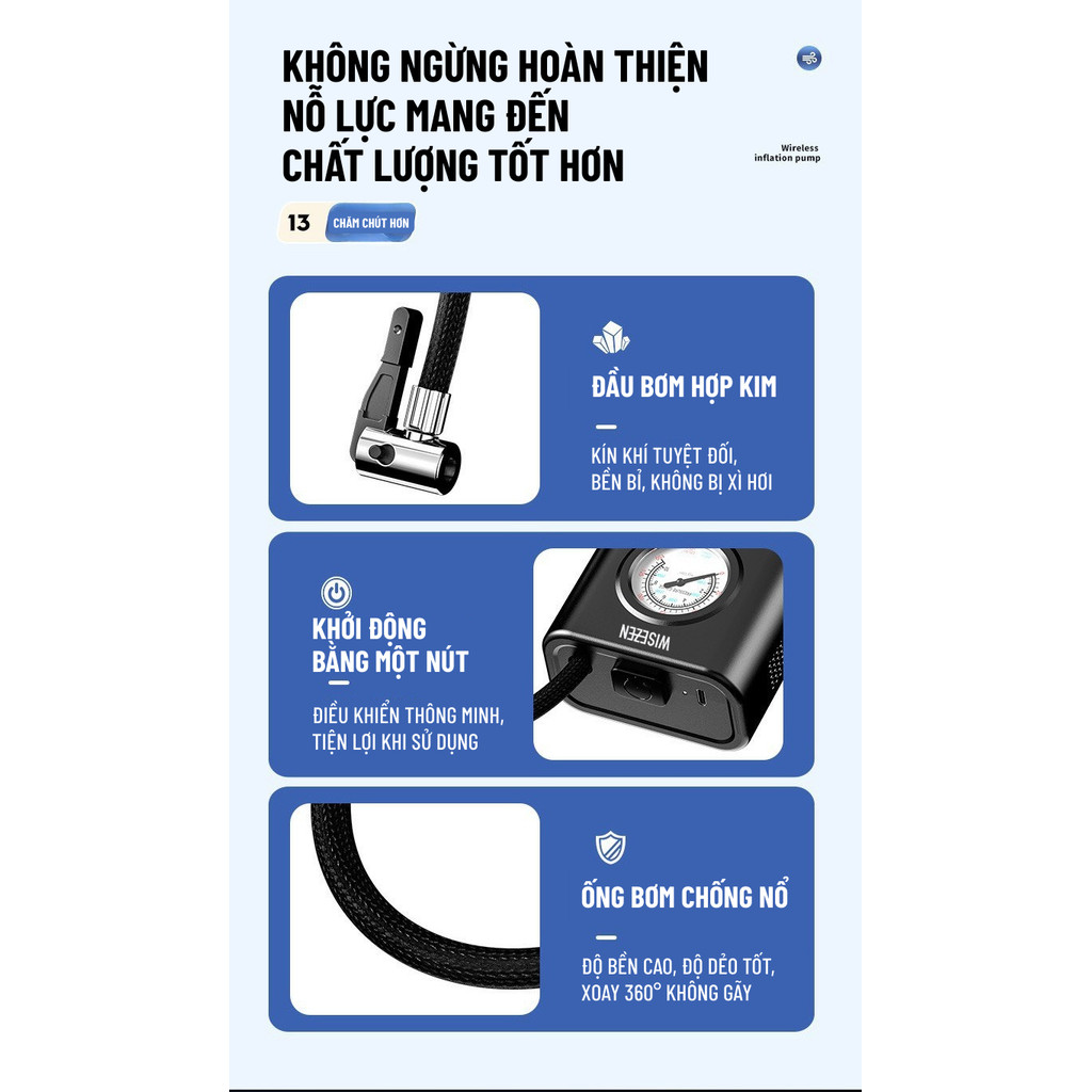Bơm Lốp ô Tô Wisezen điện Xe Máy đạp Bóng Không Dây Cầm Tay Theo Dõi áp Suất Lốp Bảo Hành 24 Tháng | BigBuy360 - bigbuy360.vn