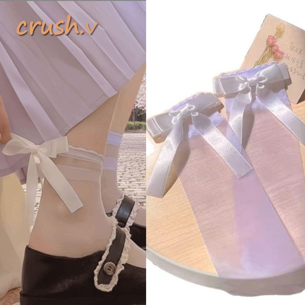 [CRUSH] Tất giữa, Tất nơ màu trơn Y2K, Tất mỏng ngọt ngào thoáng khí dễ thương