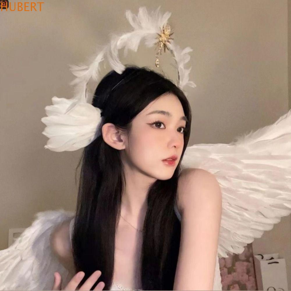 HUBERT Feather Halo Crown Headband, Dress Up Đạo cụ hai lớp Virgin Mary Halo Queen Tiara, Gothic Vin