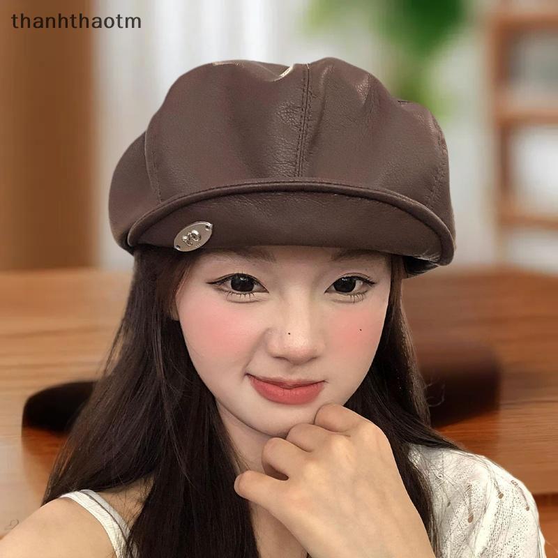 Thh PU Da Dễ Thương Mèo Tai Berets Đối Với Phụ Nữ Rắn Màu Giản Dị Newsboy Cap Cá Nhân Đỉnh Cap N