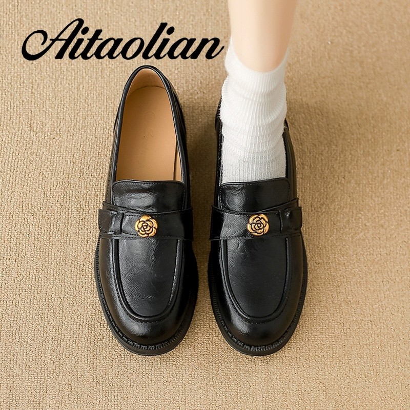 (Size 34-40) Da Thật Thật Đế Bằng 3.5cm Mũi Nhọn Giày Nữ Giày Cao Gót Giày Da Phong Cách Anh Nữ Nữ M