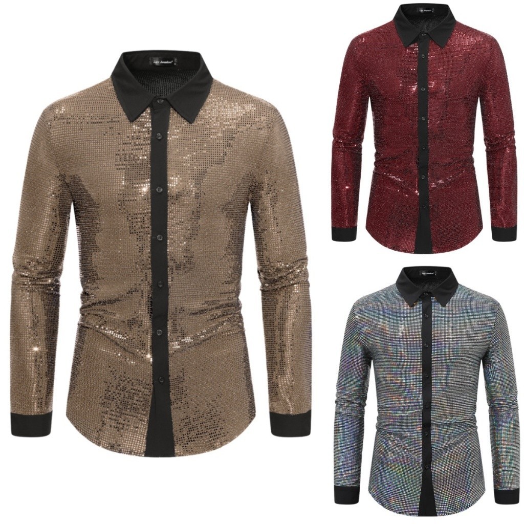 Nam vàng bling bling bling sequin áo sơ mi sáng bóng dài tay nút xuống áo biểu diễn bữa tiệc quần áo
