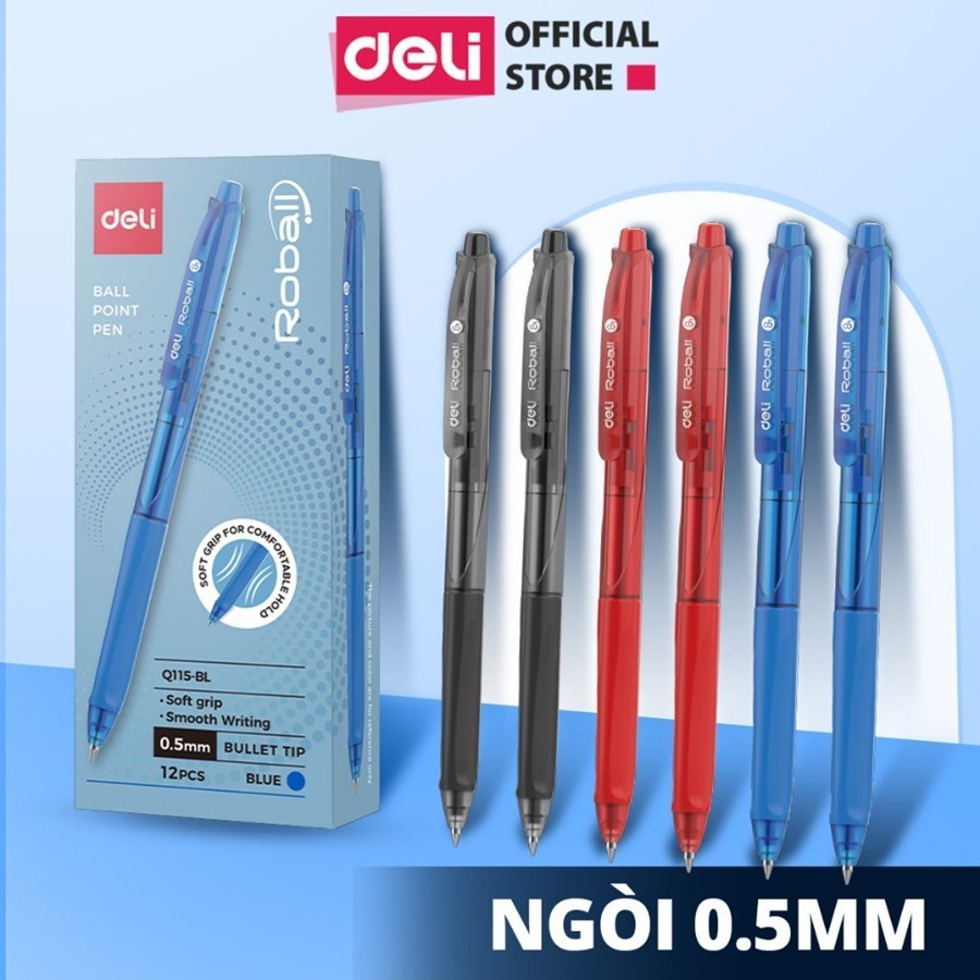 Combo Bút Bi Deli Ngòi 0.5mm Mực Xanh/Đen/Đỏ Nét Mảnh, Mực Đậm, Viết Êm Tay, Không Lem