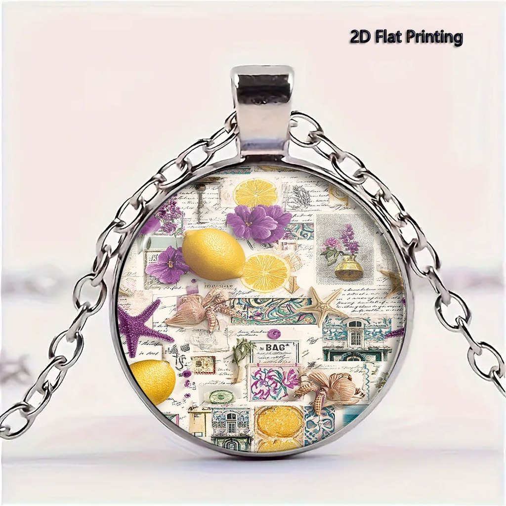1PC 2D Flat In Hoa Tím Lemon Beach House Vintage Collage Vòng Cổ, Ngày Nhà Giáo / Ngày Lễ Tình Nhân 