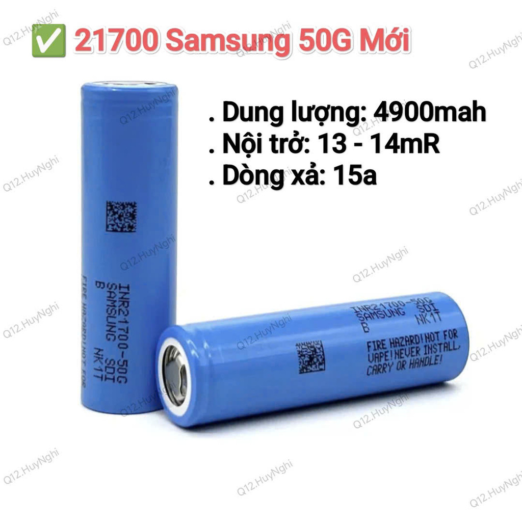 21700 Samsung 50G Mới, Dung lượng 4900mah, Nội Trở: 12-13mR, dòng xả tối đa: 15a