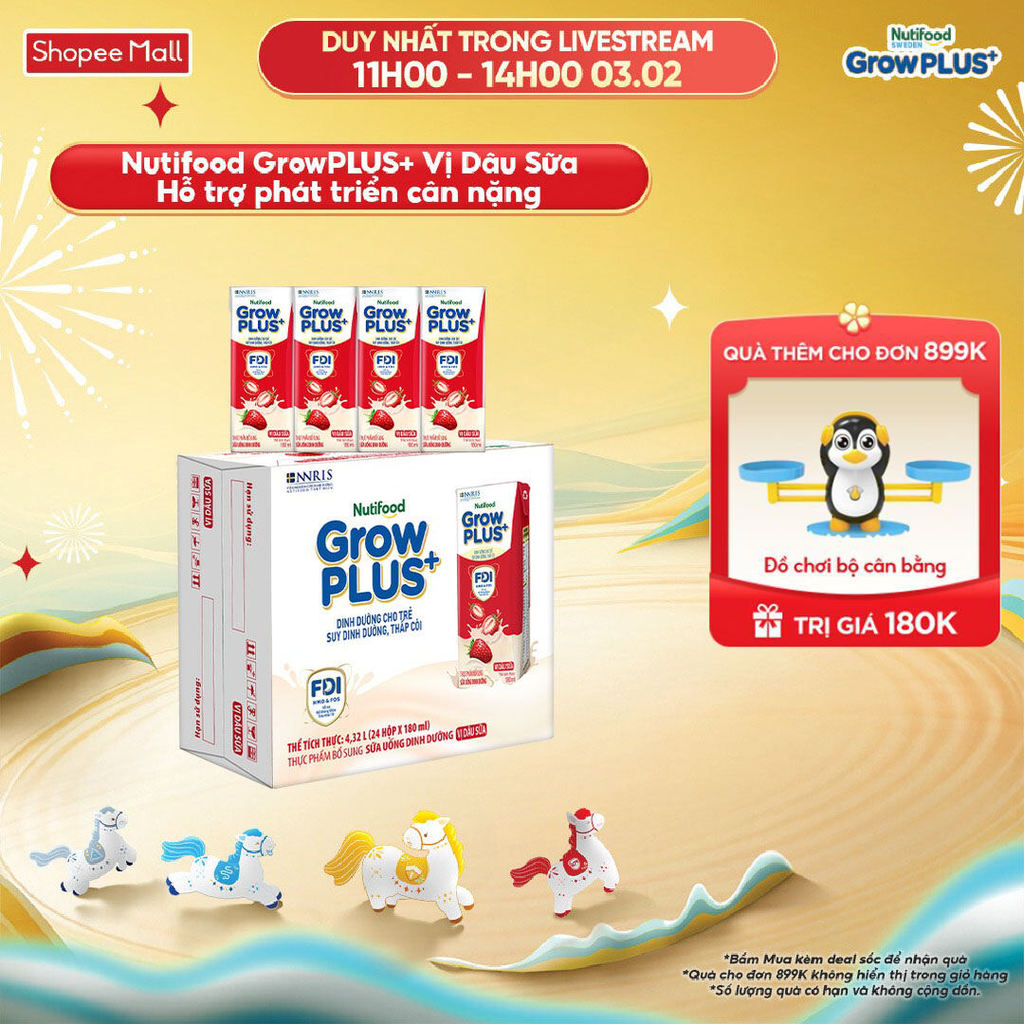Thùng 24 hộp Sữa bột pha sẵn Nutifood GrowPLUS+ Vị Dâu Sữa hộp 180ml - Trên 1 tuổi (24 hộp x 180ml)
