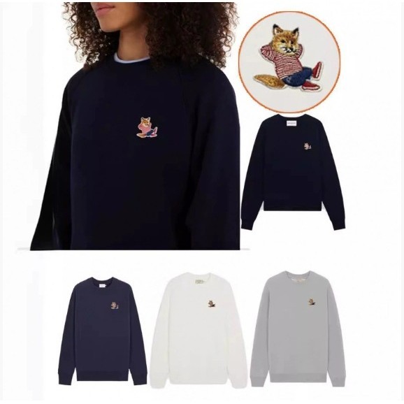 Áo nỉ cotton in hình Fox Maison Kitsune, cổ tròn dáng rộng unisex