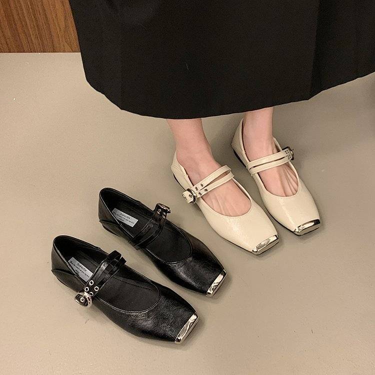 Square Toe Low-Cut Mary Jane Shoes Flat Heel Soft Bottom Soft Leather Metal Toe Cap Flat Shoes BuHN