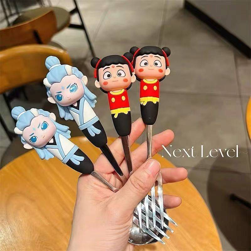 Nezha Spoon Fork Children's Tableware Creative 304 Stainless Steel AO C Cartoon Fork Spoon Set Baby 