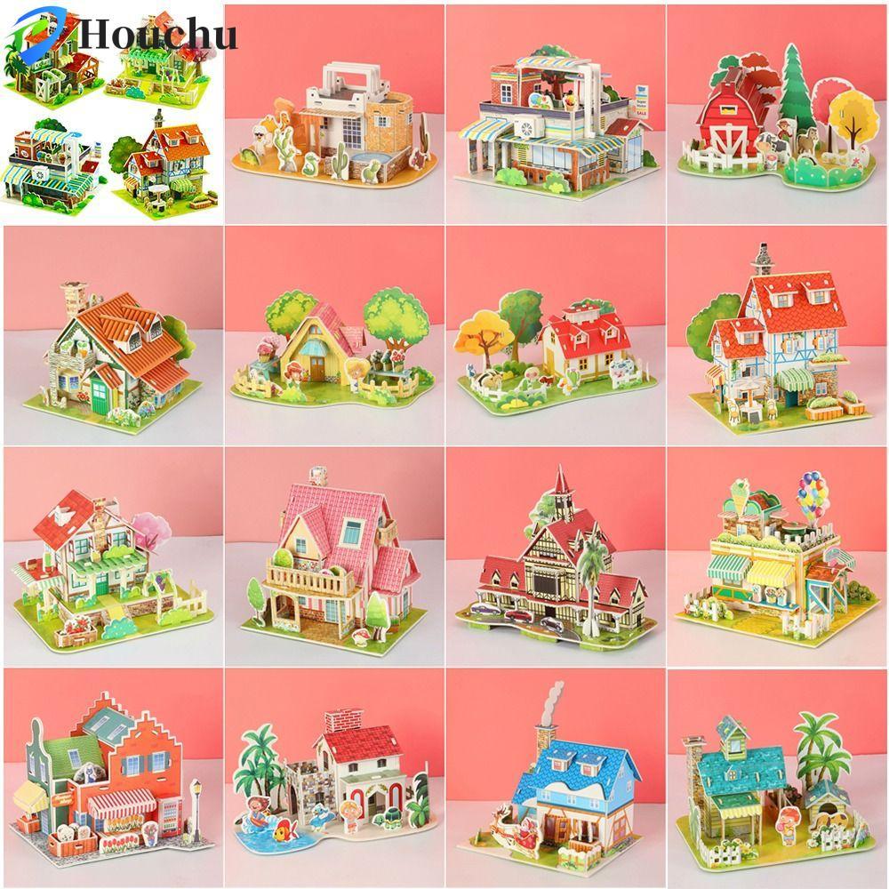 HOUCHU Building 3D Puzzle, DIY Paper Jigsaw DIY House Model Puzzle, Phim hoạt hình 3D Puzzle Assembl