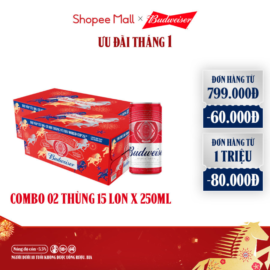 Combo 2 Thùng 15 Lon Bia Budweiser PartyPack Chính Hãng (250ml/lon)