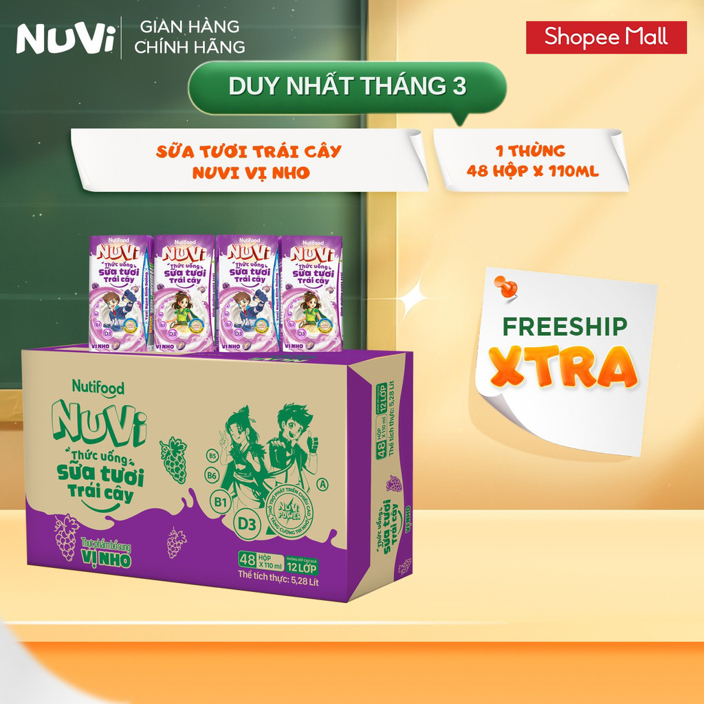 Thùng 48 Hộp Thức Uống Sữa Tươi Trái Cây NuVi Vị Nho 110ml