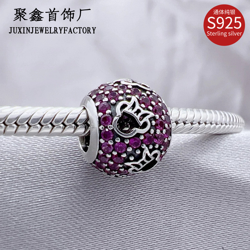 Beads S925Pure silver pink and purple full-diamond crown Minnie beads diy Sweet and elegant bracelet