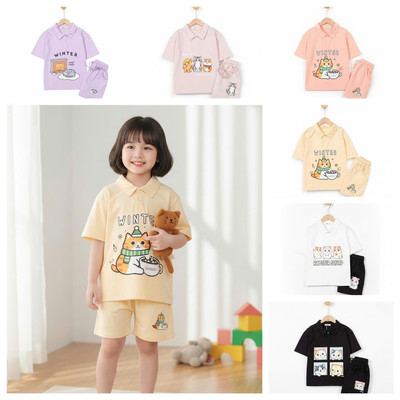 Bộ ngắn tay mùa hè thun cotton, áo cổ bẻ bé gái LITIBABY G001 size 6 đến 14 tuổi