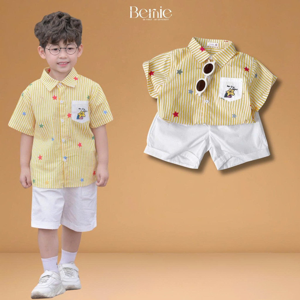 Set bộ sơ mi tay ngắn bé trai họa tiết kẻ vàng Happy Star kèm quần short 11 đến 28kg BERNIE H1225B25