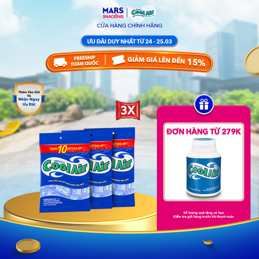 Combo 3 túi Cool Air Bạc Hà Khuynh Diệp 100 gói 2 viên tặng 10 gói (330 gói)
