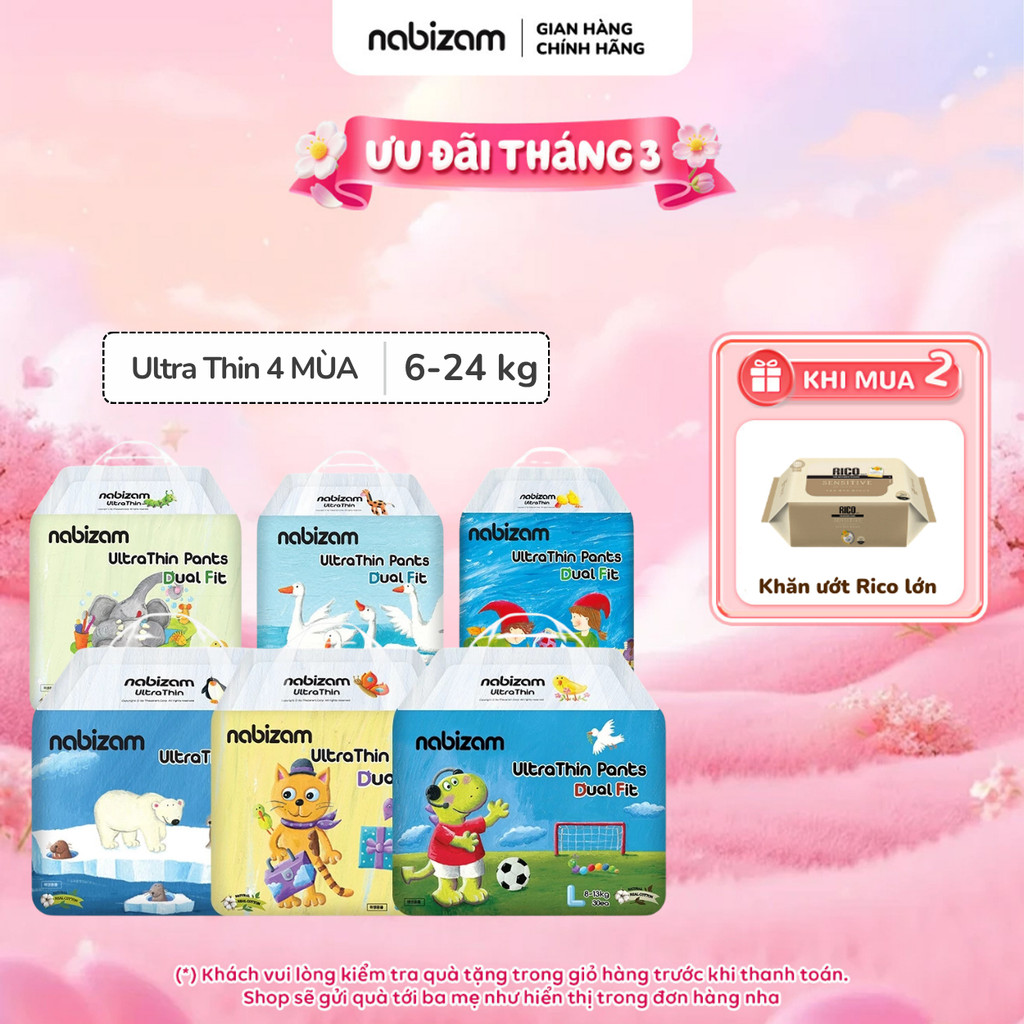 Combo 2 Bịch Tã/Bỉm Quần NABIZAM ULTRA THIN 4 Mùa Mỏng Mềm Hơn, Thấm Hút Nhanh Hơn Size Cho Bé 6-24kg