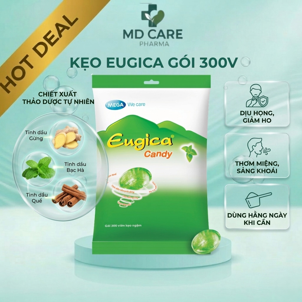 Kẹo Ngậm Eugica Candy Túi 300 Viên – Giảm Ho, Dịu Họng, Thơm Mát Hơi Thở Từ Thảo Dược