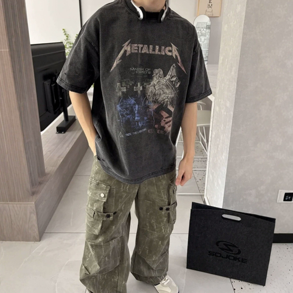 LPE4 Metallica Band T-shirt vintage Vintage washed distressed ripped short-sleeve shirt T Shirt