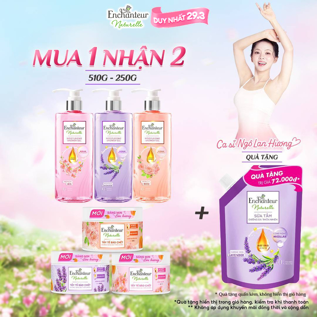 Sữa tắm dưỡng da thiên nhiên Pháp Enchanteur Naturelle hương hoa Lavender/Iris/ Rose 510g