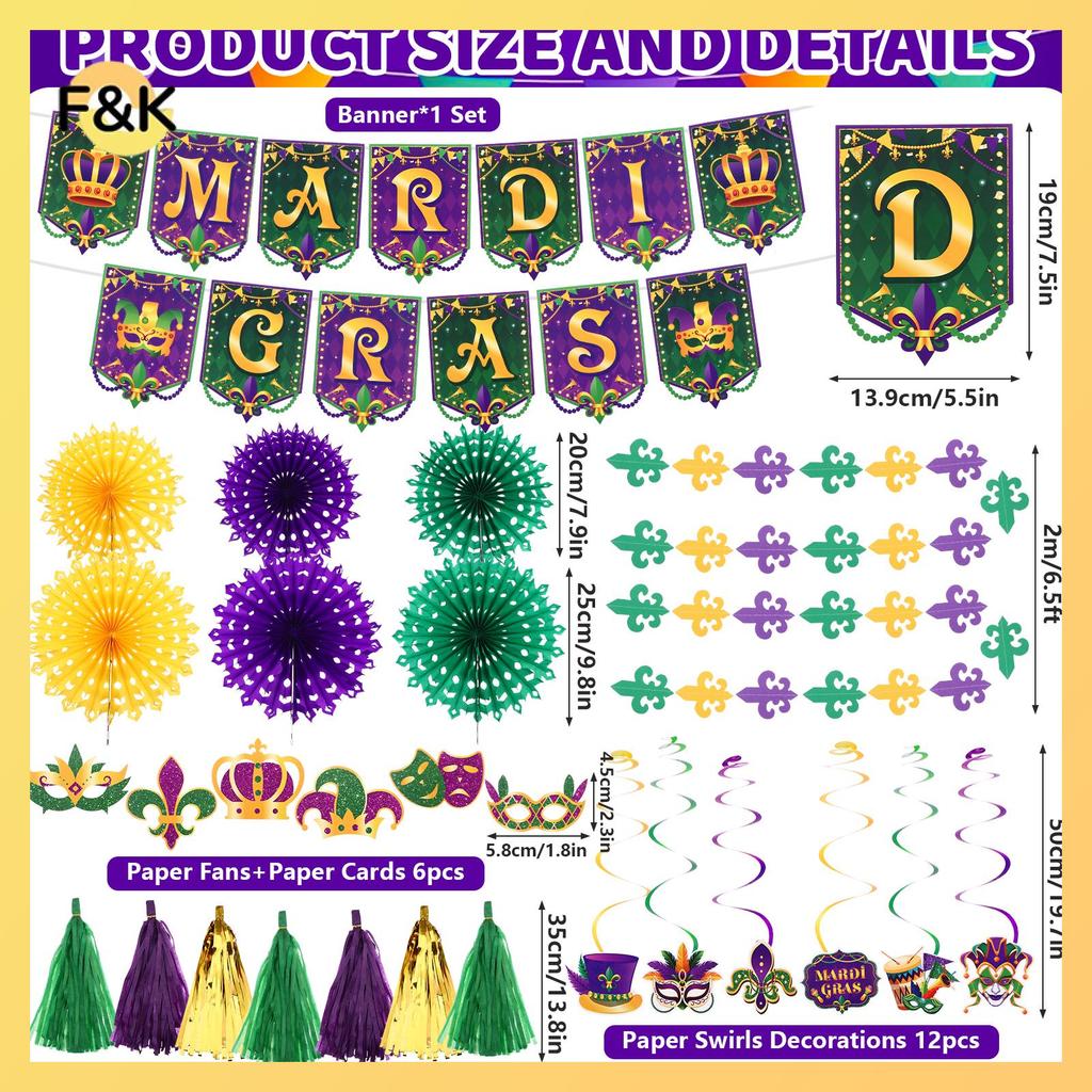 F & K 21 Miếng Mardi Gras Treo Trang Trí Tiệc Xoắn HAPPY GRAS Biểu Ngữ Vương Miện Nhiều Màu Sắc Trốn