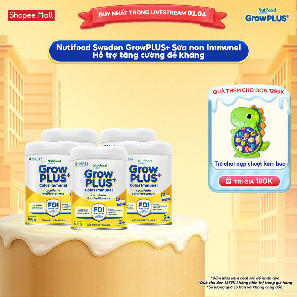Combo 5 Sữa Bột Nutifood Sweden GrowPLUS+ Sữa Non Immunel trên 2 tuổi lon 800g (Bao bì tuỳ lô hàng)