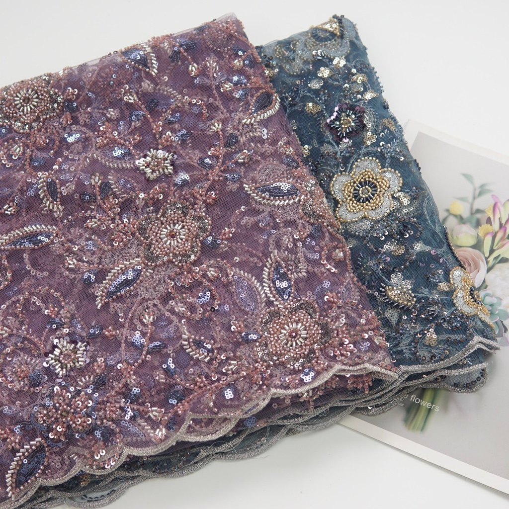 N90 Sequin Tấm Hoa Dòng Hoa Ba Chiều Thêu Gạc Ren Vải Vải Đầm Hanfu Tím Xanh