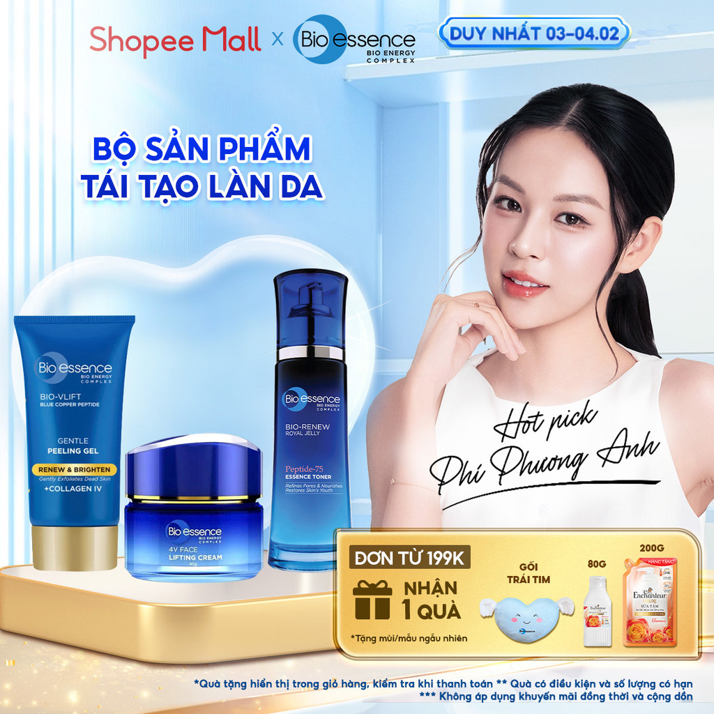 Bộ Bio-essence Renew – Tái tạo da: Gel Tẩy tế bào chết 60g, Sữa rửa mặt 100g, Kem nâng cơ 45g, Toner