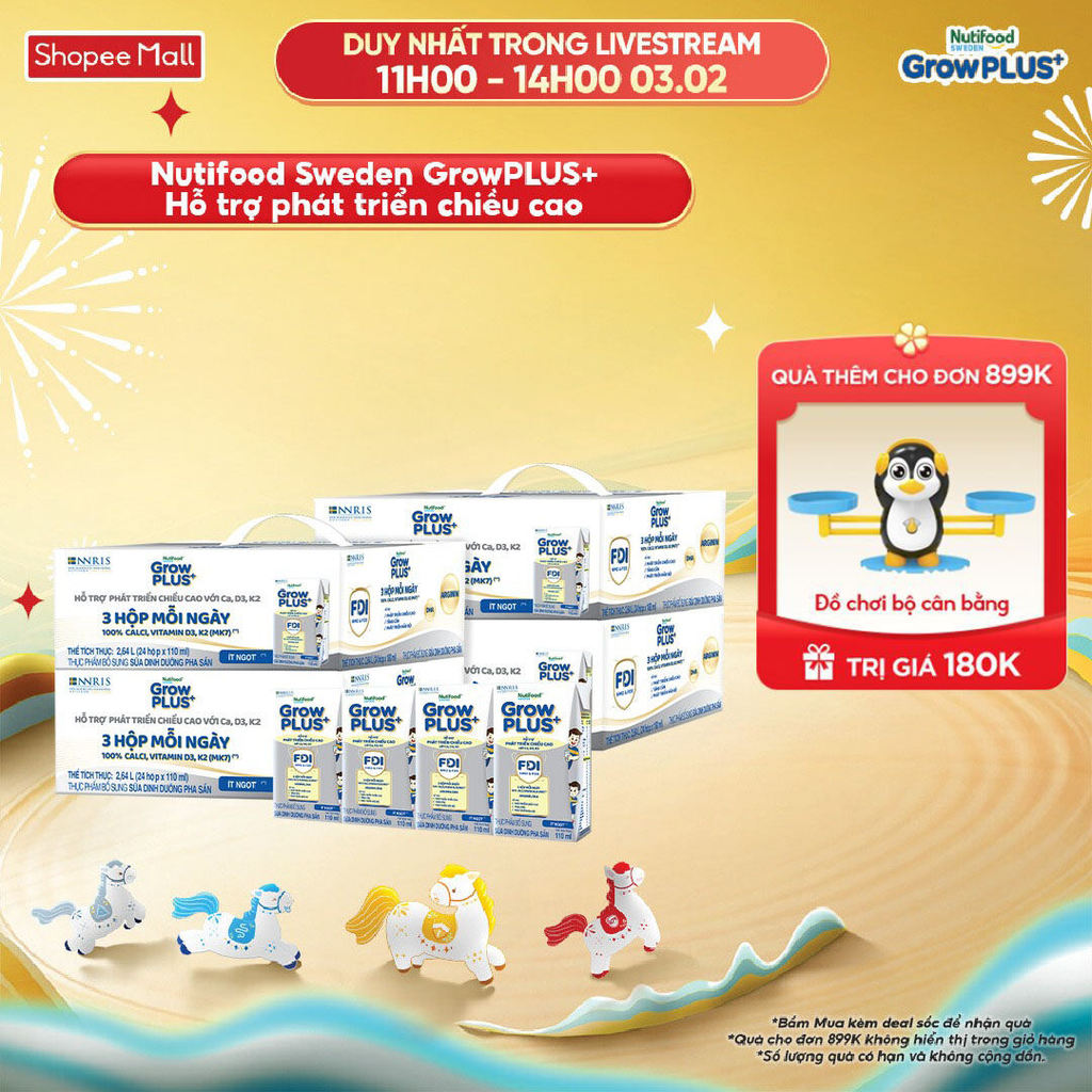 Combo 4 Thùng 24 hộp Sữa Bột Pha Sẵn Nutifood Sweden GrowPLUS+ Cao lớn vượt trội hộp 110 ml