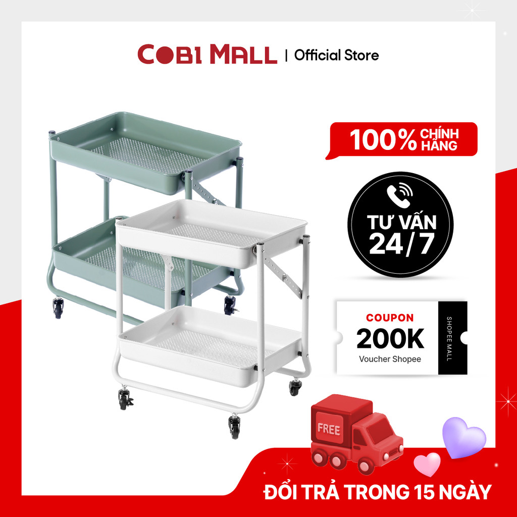 Kệ gấp gọn hai tầng có bánh xe Olivine - Cobi home