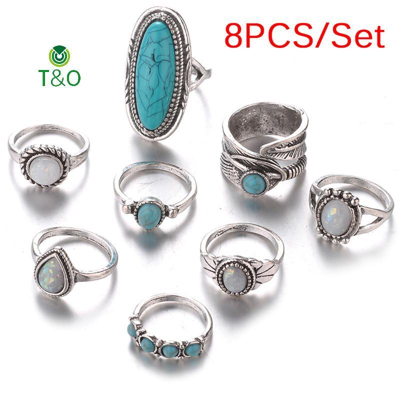 T & O 8 Cái / bộ Bohemian Nữ Bạc Ngọc Trai Nhẫn Ngón Tay Opal Nhẫn Cưới