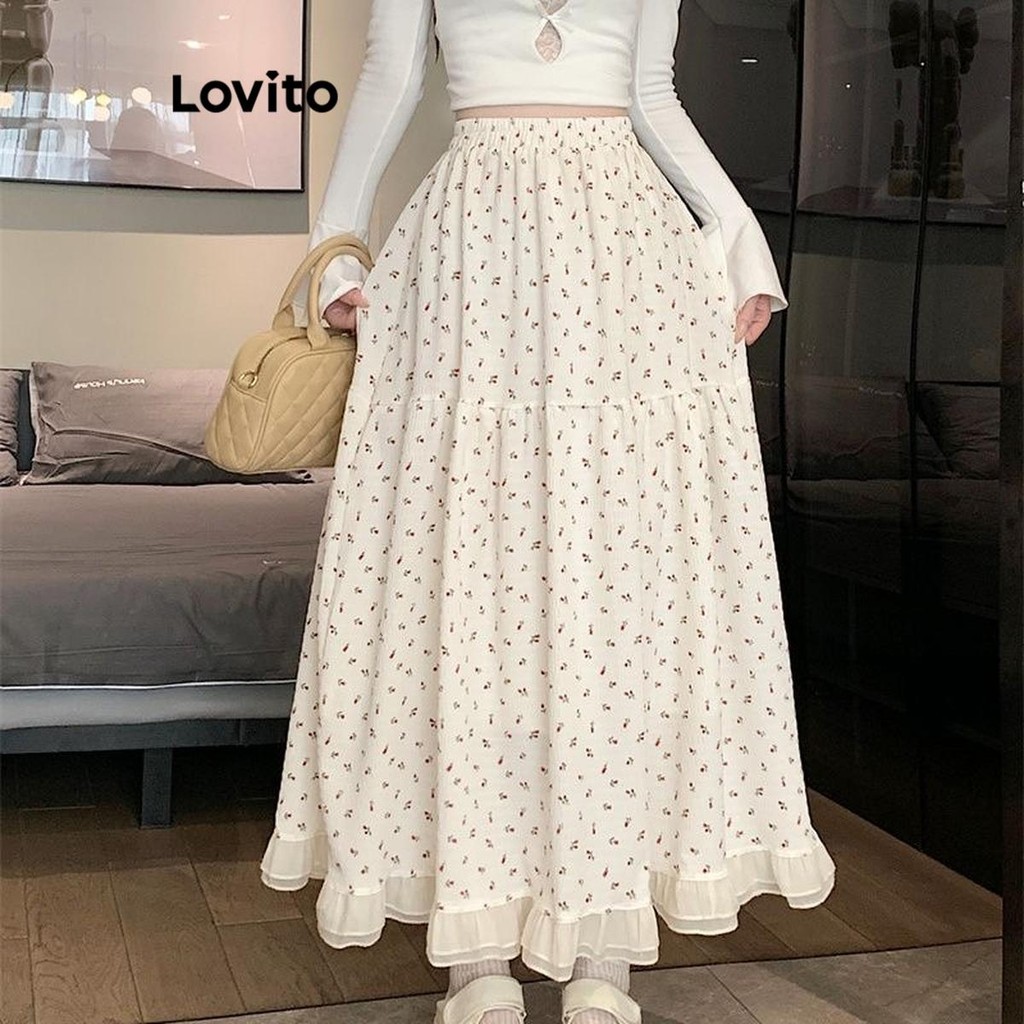 (Trendy) Lovito Váy thường ngày Váy xếp nếp hoa sang trọng dành cho nữ LNA60317