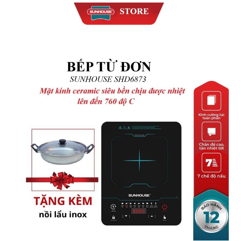 BẾP TỪ ĐƠN SUNHOUSE SHD6873_Tặng Kèm Nồi Lẩu Inox