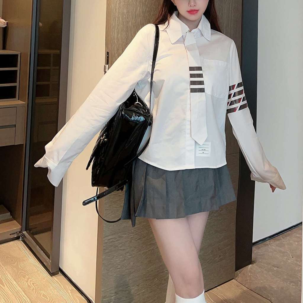 HZH2 Thom Browne Spring and Autumn College Style Four-Bar Striped Tie Long Sleeve Shirt OL Professio