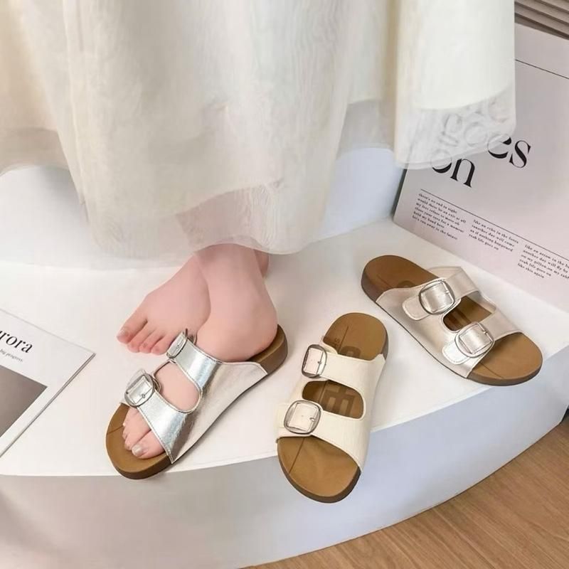 Dép Nữ 2 Quai Da Cài Khuy Đế Nâu 2-3cm Mới Nhẹ Nhàng Êm Ái Sz35-39 - Dép Nữ Siêu Hót