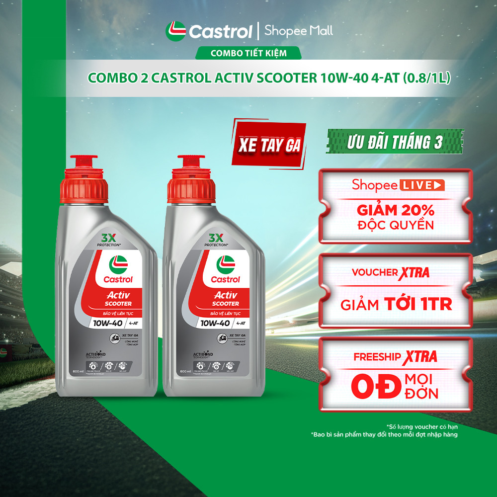 COMBO 2 Dầu nhớt xe tay ga Castrol ACTIV SCOOTER 10W-40 4-AT (0.8L/1L)