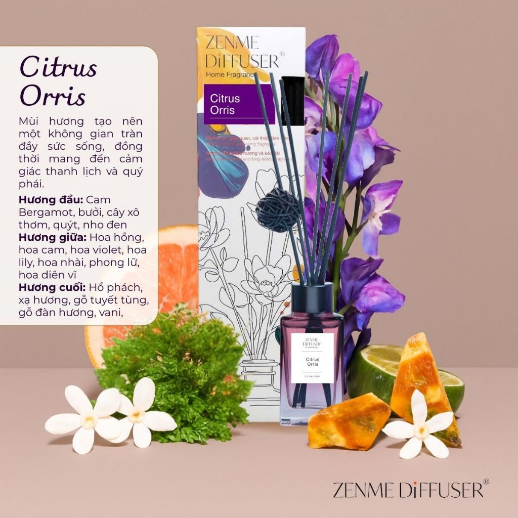 Tinh dầu thơm phòng khuếch tán cắm que Quà tặng Zenme ZEN9731 Citrus Orris 80ml Mùi hương thư giãn