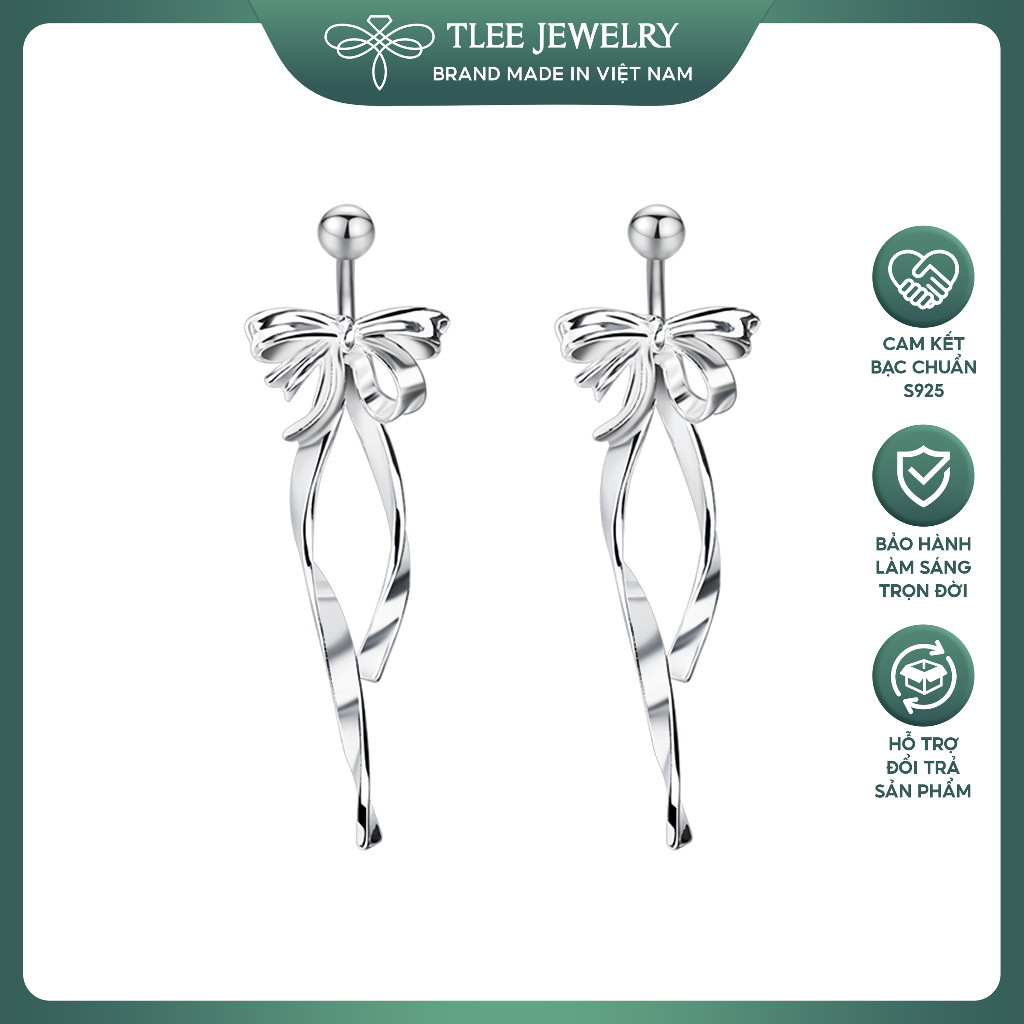 Bông tai bạc nữ dáng nơ dài mịn và móc ren - TLEE JEWELLERY B0538