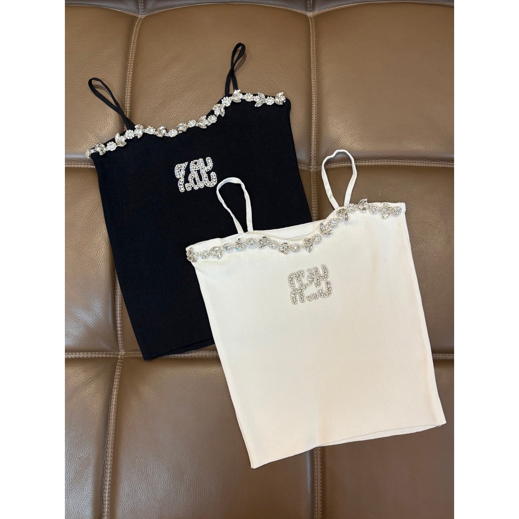 Z7HU MIUMIU Spring/Summer New Design Women's Slimming Camisole with Rhinestones, Black and White Col