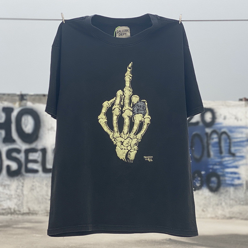 63QI Gallery Dept Skull finger print short-sleeve vintage washed distressed casual loose fit T Shirt