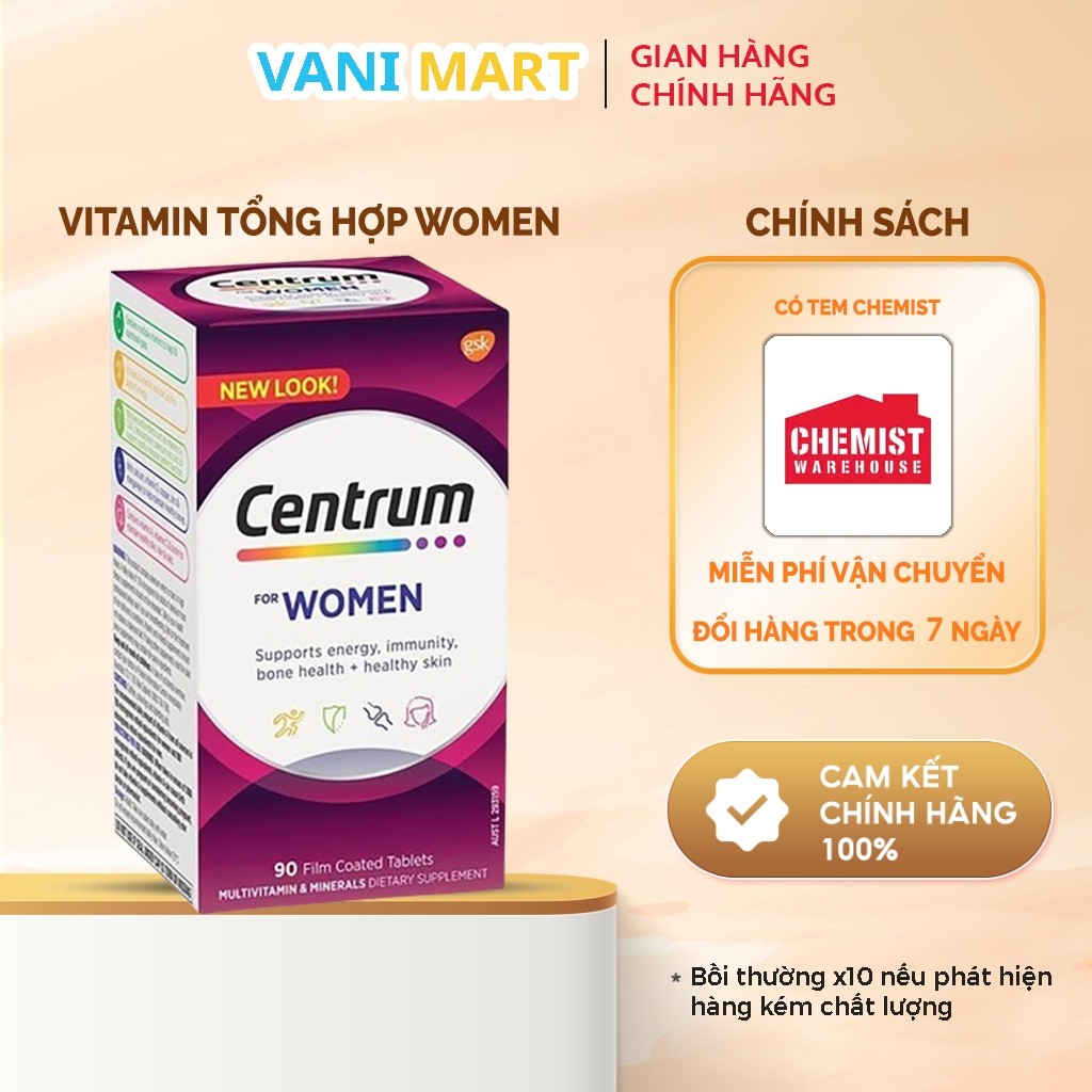 [ CHÍNH HÃNG ] Viên uống bổ sung vitamin tổng hợp Cho Phụ Nữ Centrum For Women của Úc 90 viên