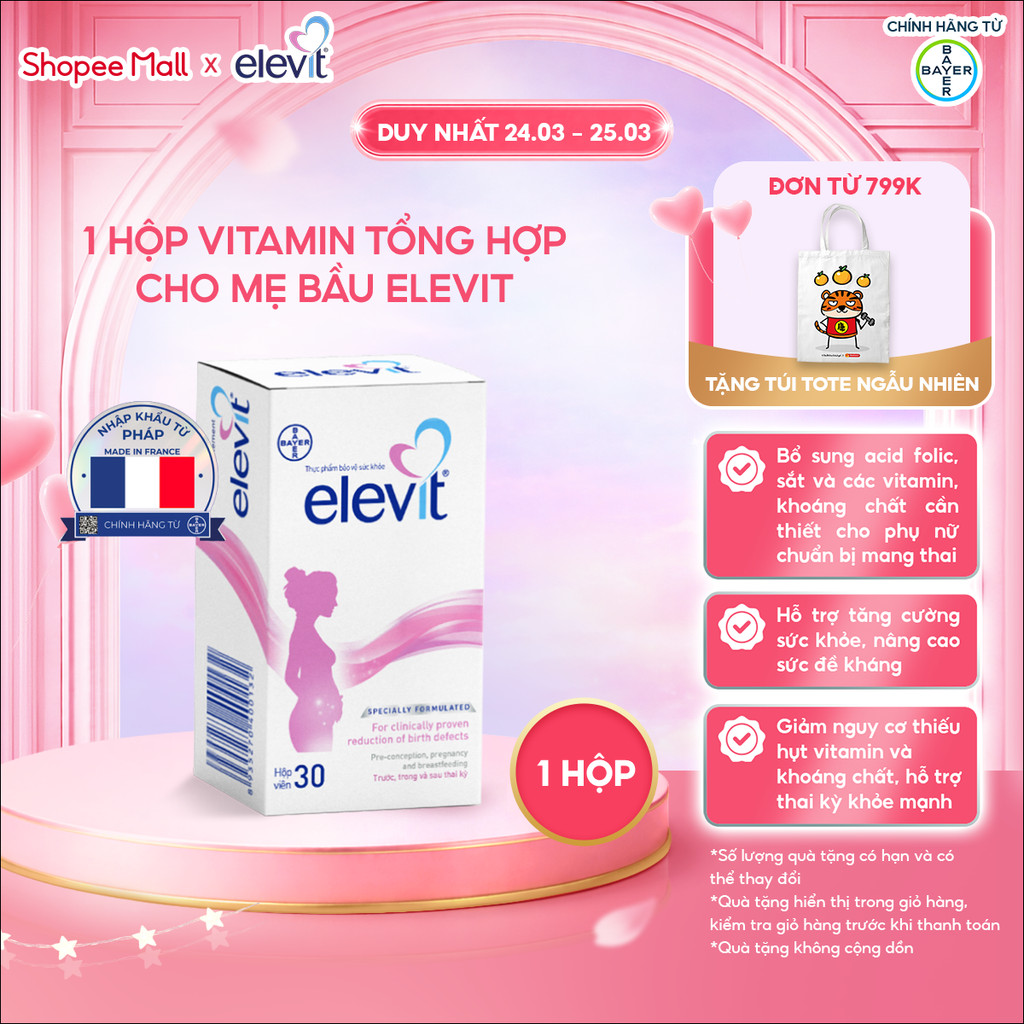 Thực phẩm bảo vệ sức khỏe Elevit 30 Viên bổ sung Acid Folic, Sắt, Canxi, Các Vitamin và Các khoáng chất