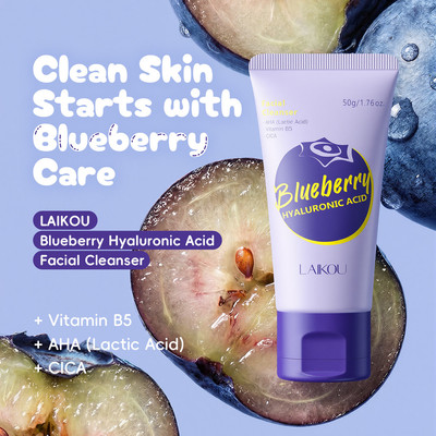 Sữa rửa mặt LAIKOU Blueberry Hyaluronic Acid 50g – Sữa rửa mặt tạo bọt & dưỡng ẩm nhẹ nhàng với AHA, Vitamin B5 & CICA – Dành cho mọi loại da