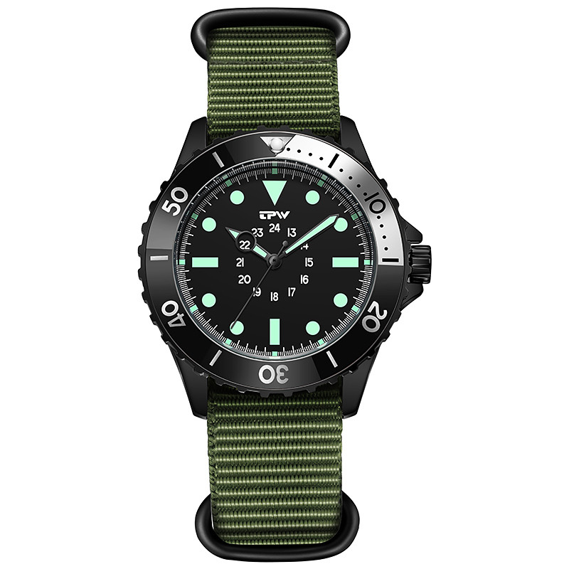 TPW Diver Style Field Watch 40mm Ốp lưng quay 24 giờ Viền vải Dây đeo cổ tay Đồng hồ nam