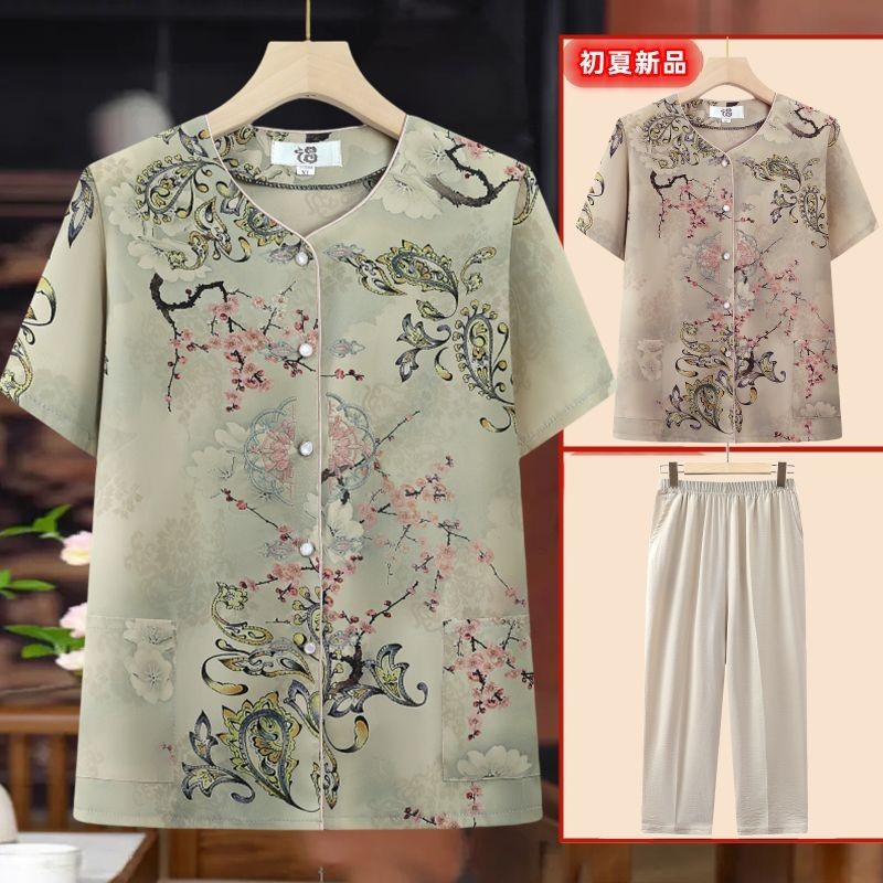 Quần Áo Bà Quần Áo Mùa Hè 60 Tuổi 70 Người Cao Tuổi Trung Niên Phụ Nữ Mẹ Quần Áo Ngắn Tay Bà Quần Áo