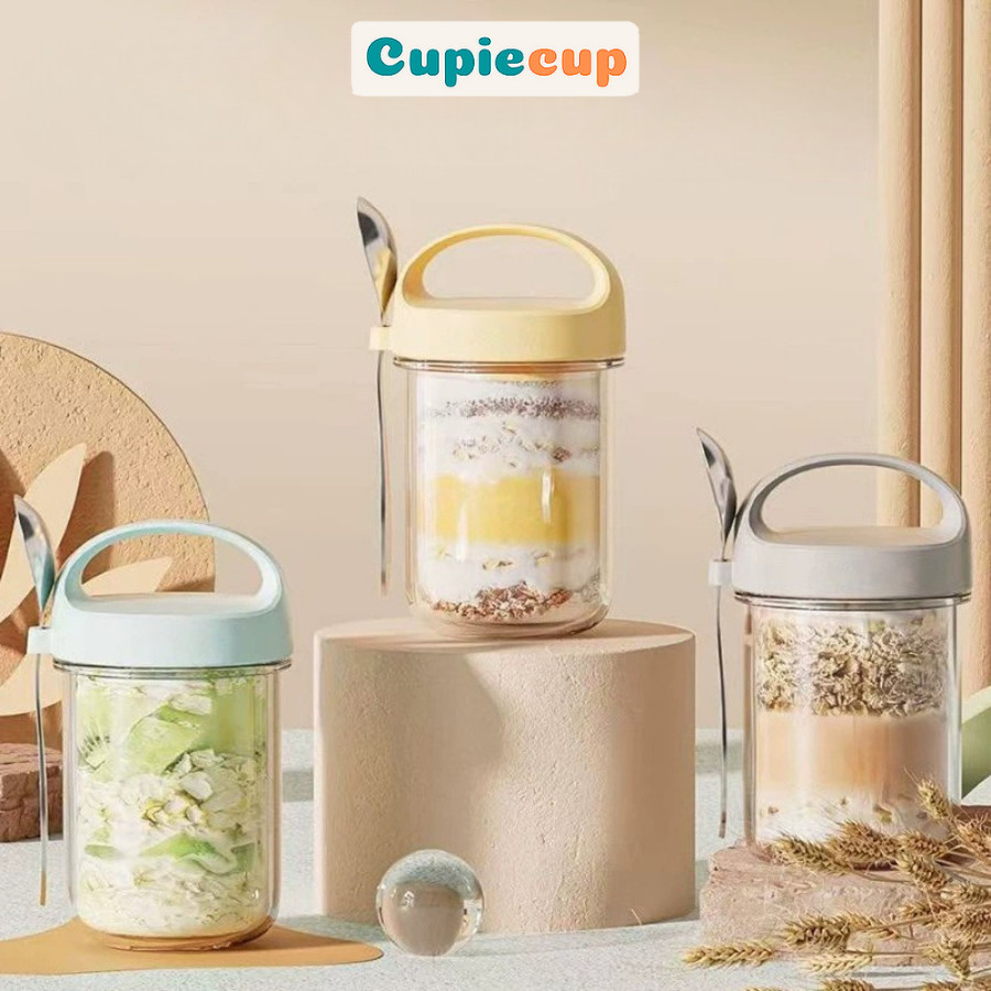 Cốc Đựng Yến Mạch Thủy Tinh Cupiecup, Hũ Đựng Ngũ Cốc, Bình Thủy Tinh Có Nắp Kèm Thìa Lo008