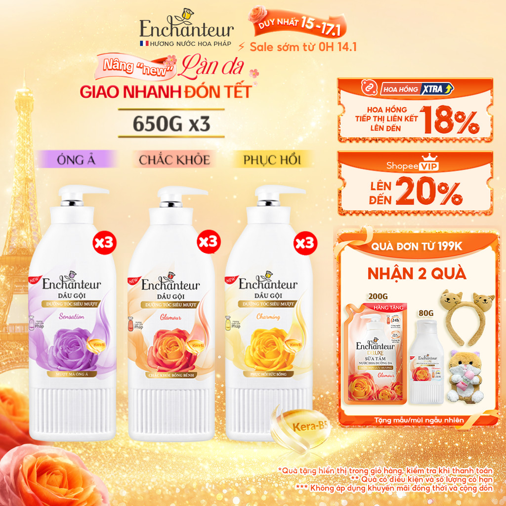 Combo 3 Dầu gội dưỡng tóc siêu mượt thơm Enchanteur Keratin 650g - Charming Phục hồi sức sống/Sensat