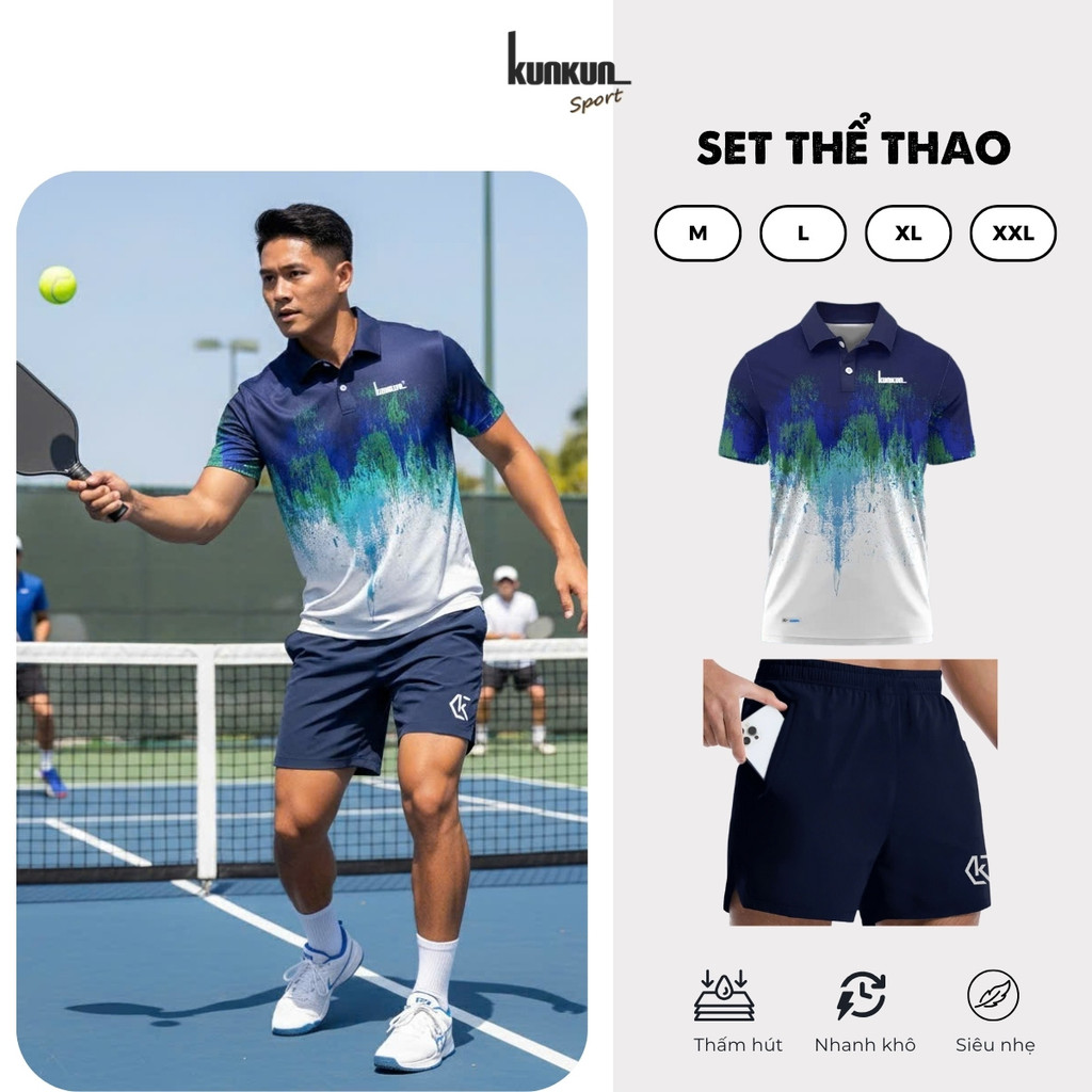 Bộ đồ thể thao nam xanh dương chất Polyester thấm mồ hôi cho gym, chạy bộ, pickleball PUA017M1
