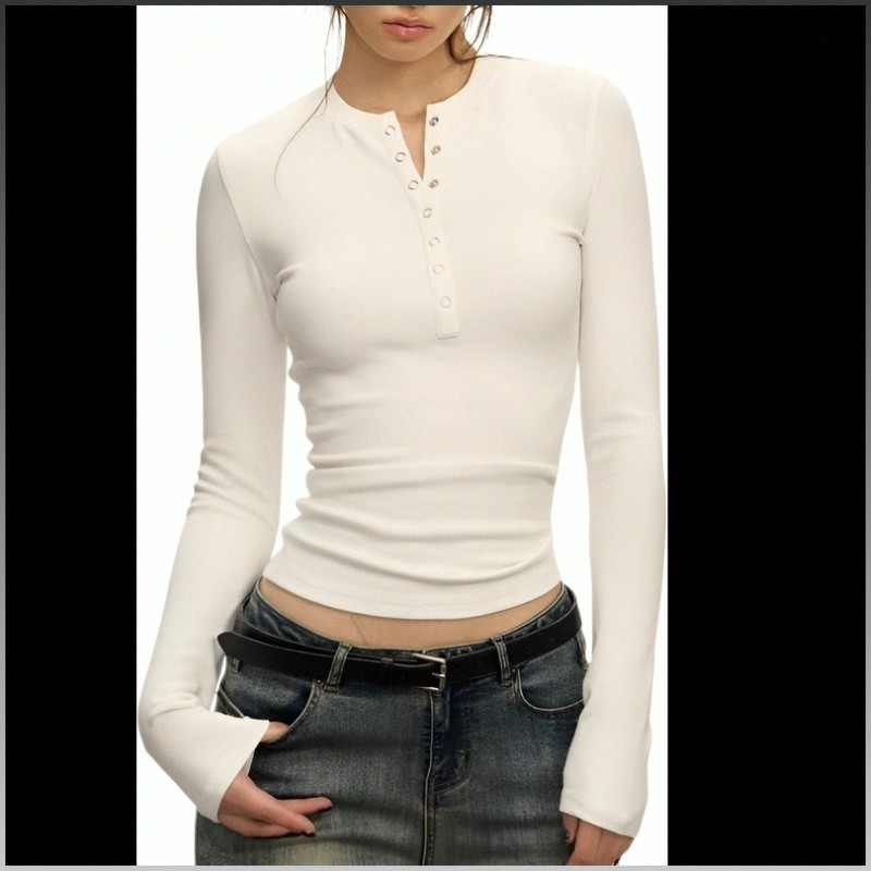 【Slim Fit】Women's Long Sleeve Henley Neck T-Shirt Button Front Basic Top American Style Casual White