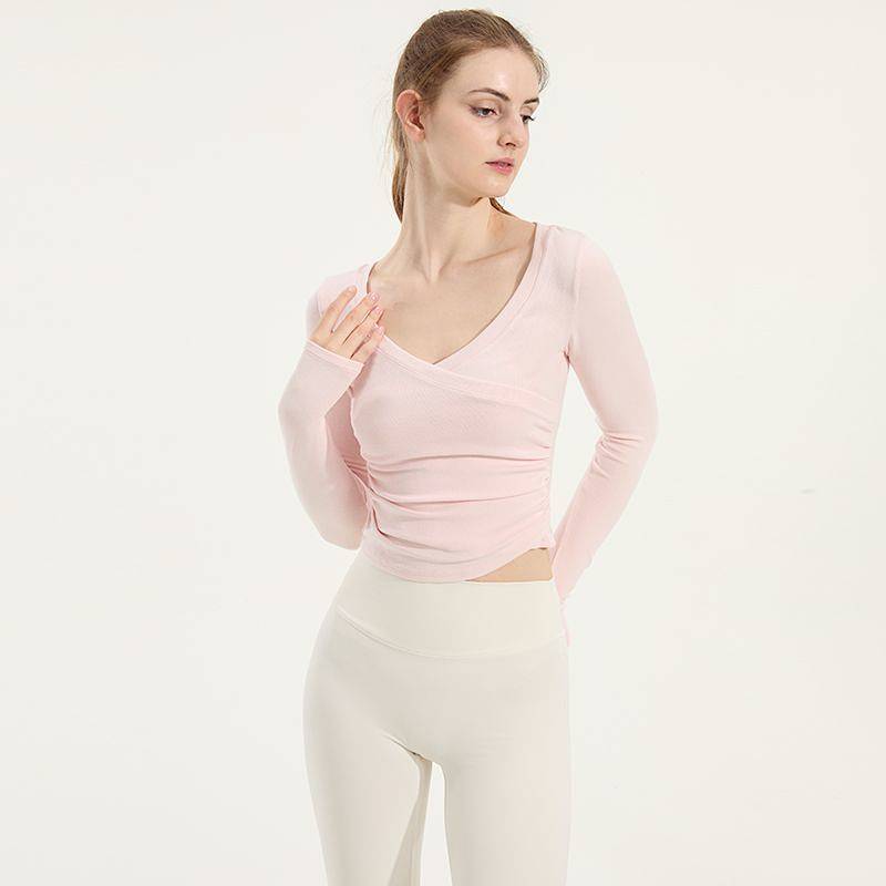 French Style Deep V-neck All-Match Yoga Clothes Long Sleeve Gentle Temperament Two Sides Pleated Sli